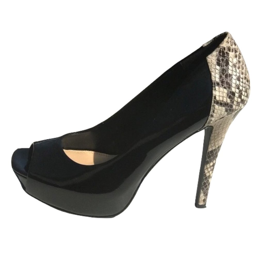 Jessica Simpson Black Patent Leather Snakeskin Peep-Toe Pumps - SIZE 5.5